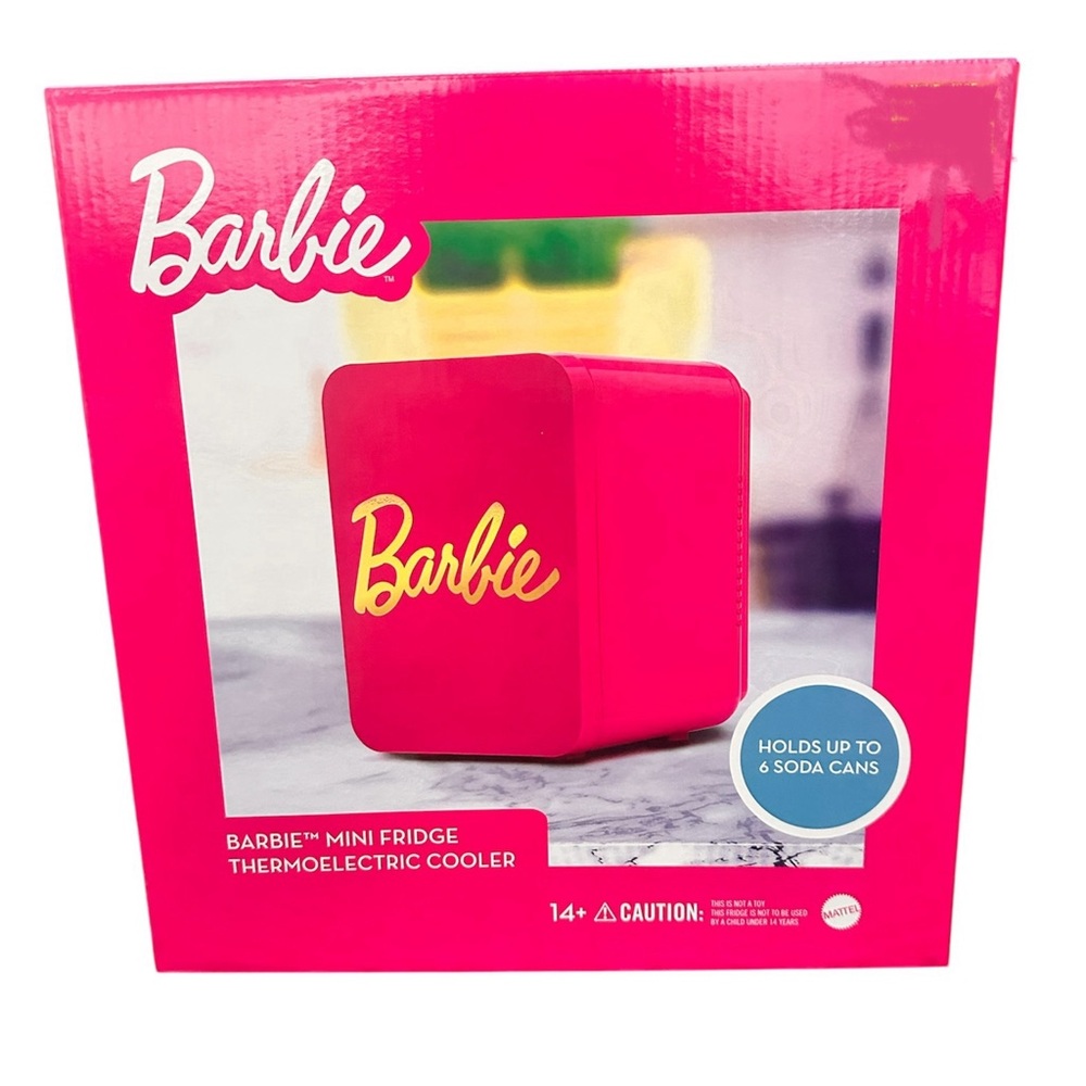 Brand New Barbie Mini Fridge Thermometric Cooler Pink With Gold Lettering